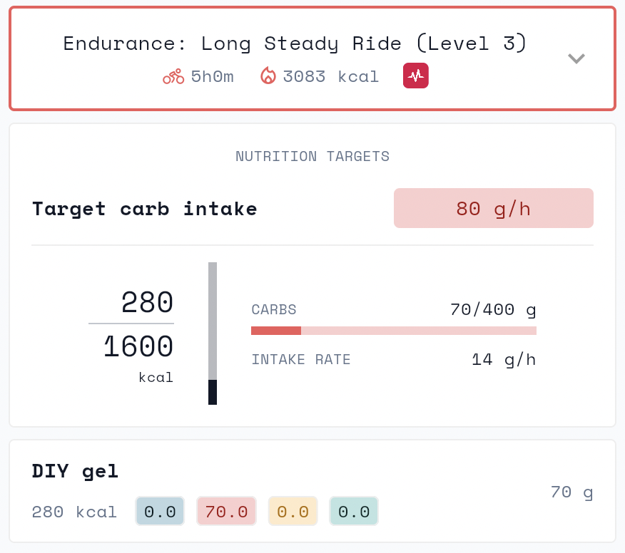 Avitu in-activity fueling screen with carbohydrate targets during sports